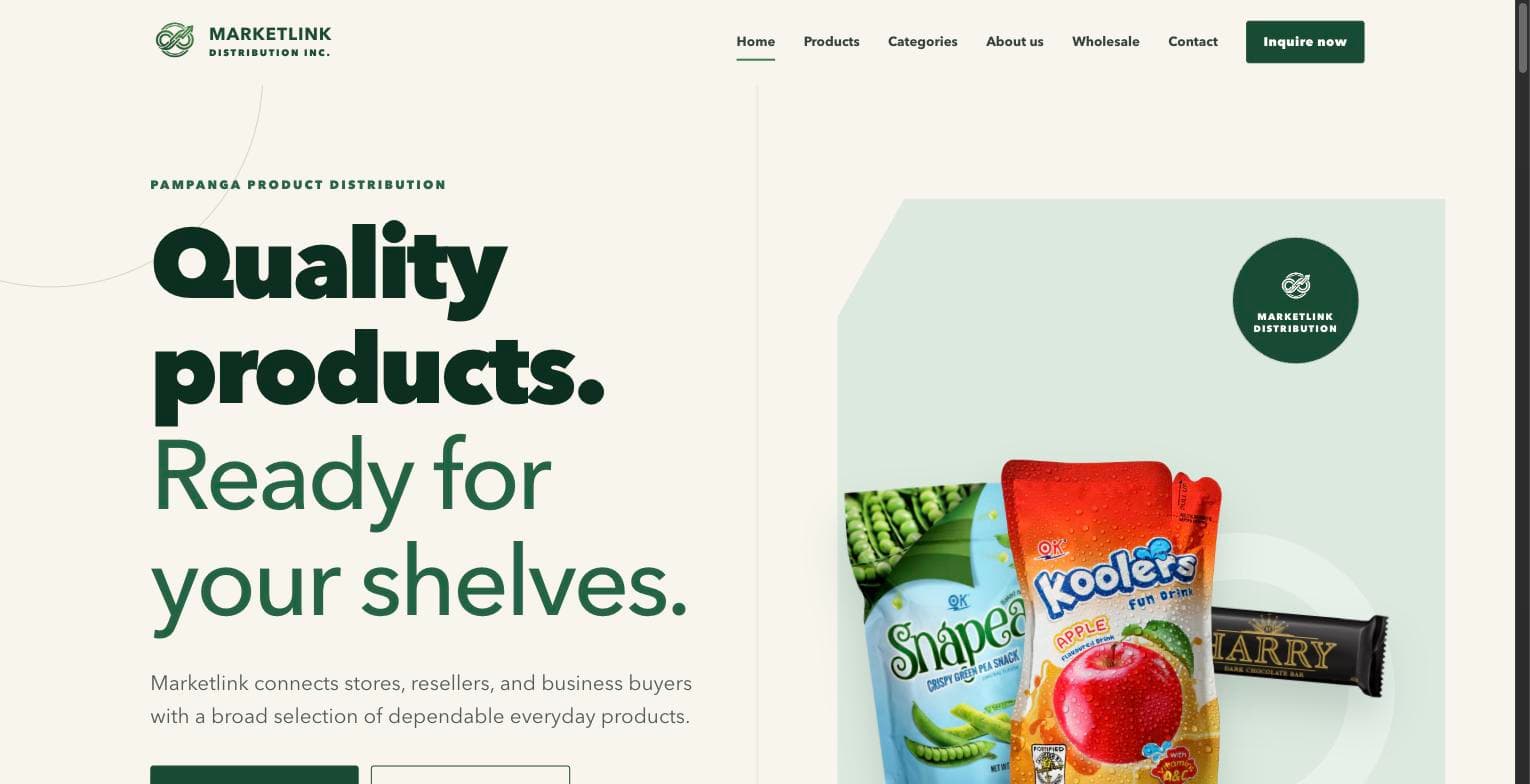 Marketlink Distribution home page showing the product hero